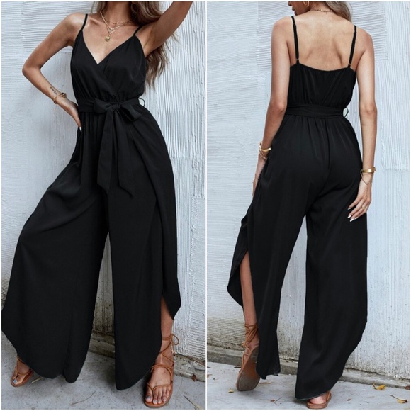 Boho Green Surplice Slit Thigh Cami Jumpsuit - Picture 4 of 7